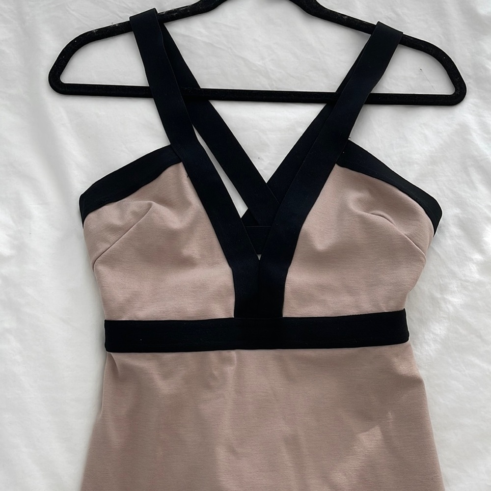 TAN AND BLACK BANDAGE MIDI DRESS